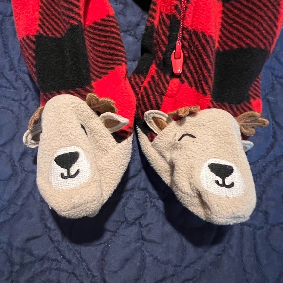 Carters 3 months Buffalo check pajamas.  Reindeer footies.  Double zipper. - Picture 2 of 4